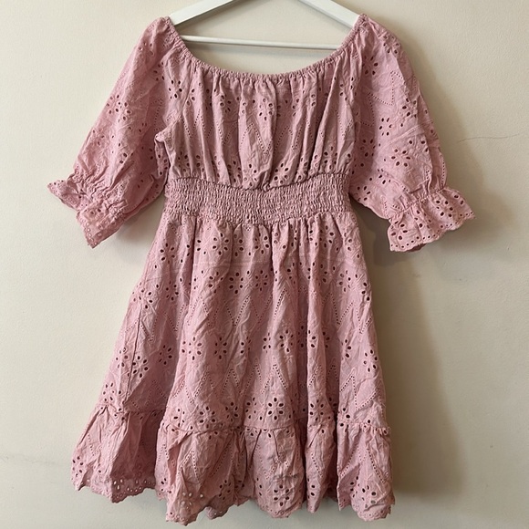 Pretty Garden Eyelet Overlay Short Puff Sleeve Ruffle Hem Babydoll Boho Dresses - Picture 12 of 12